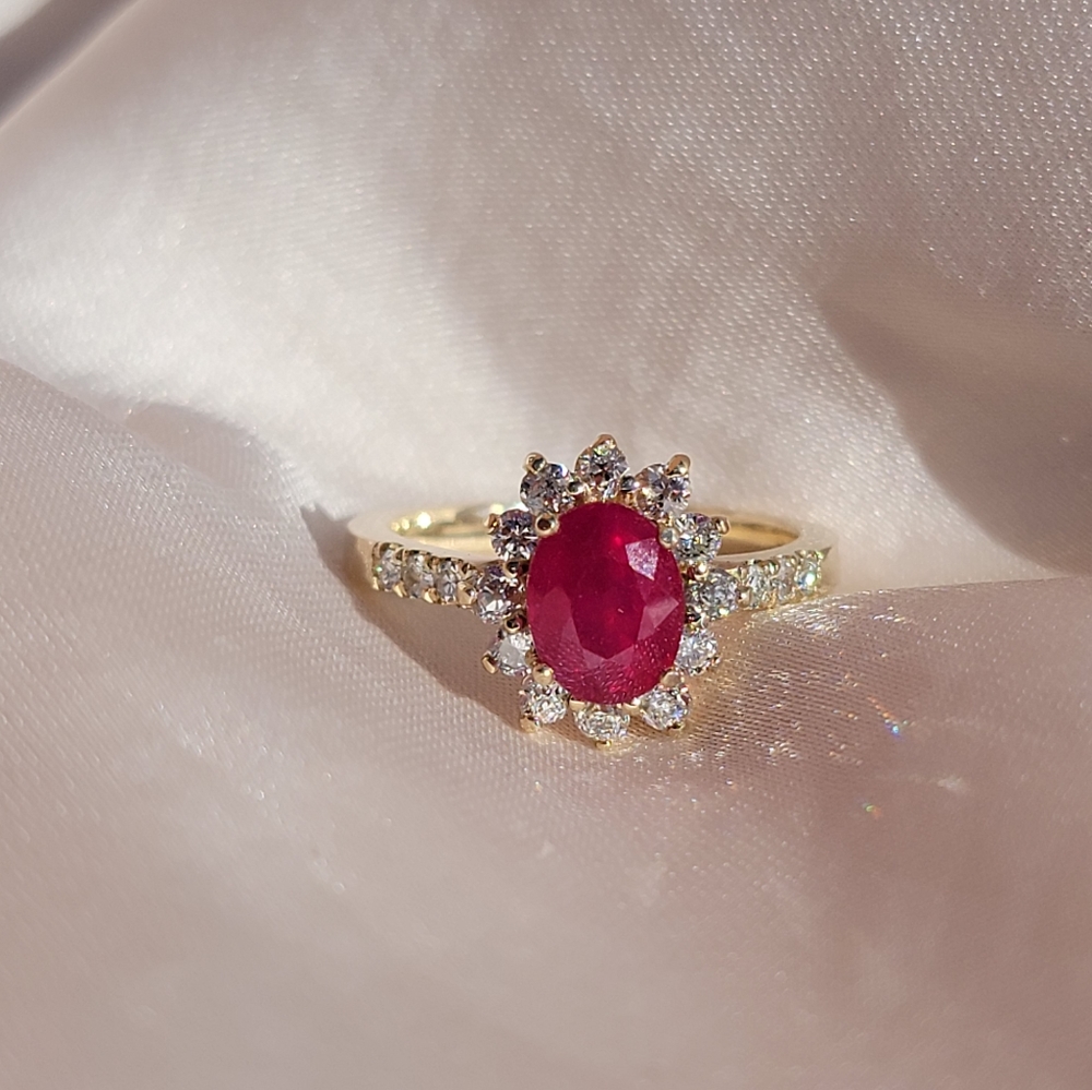 14k Solid Gold Ruby Ring with Diamond Halo